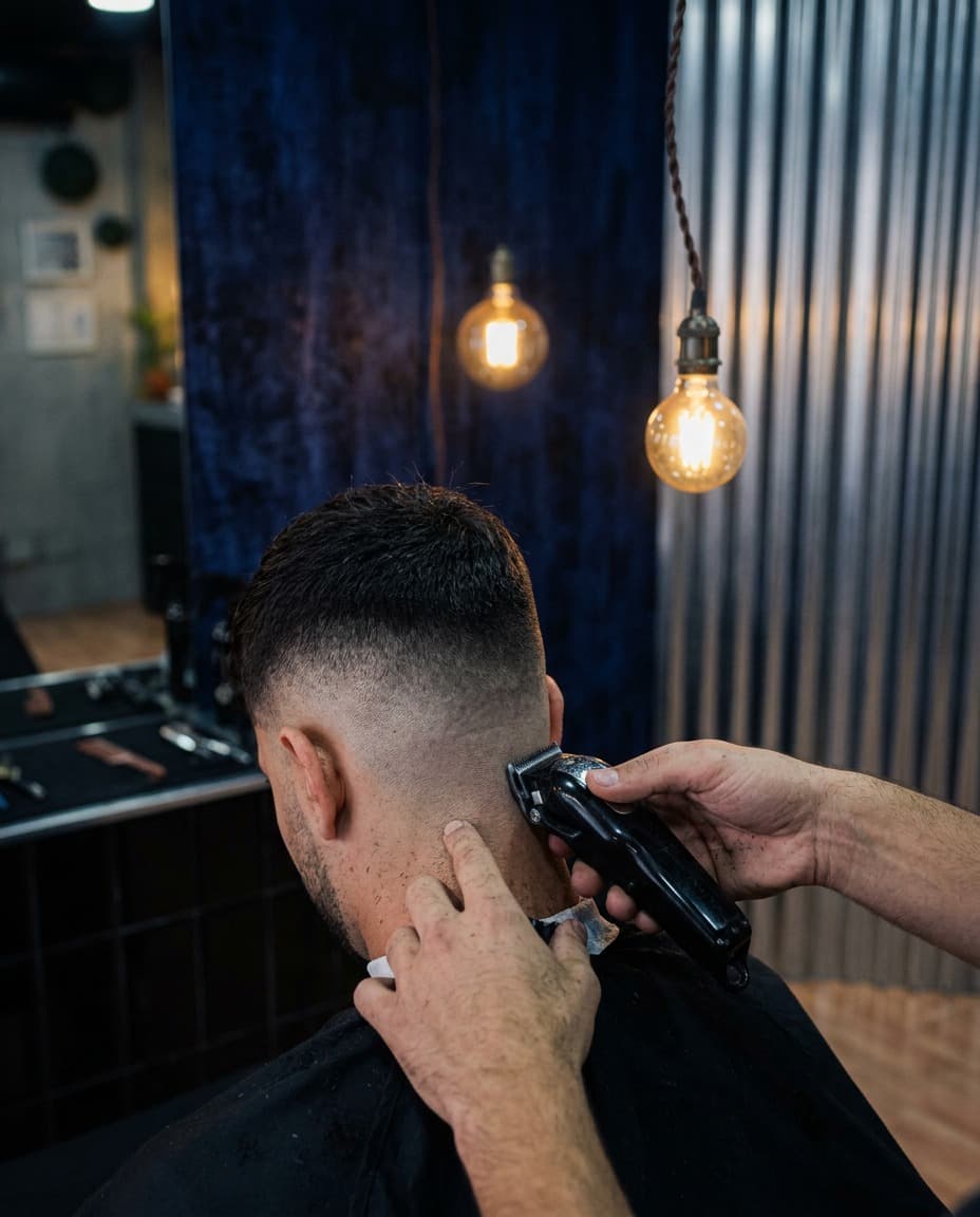 Barbero haciendo un fade con máquina